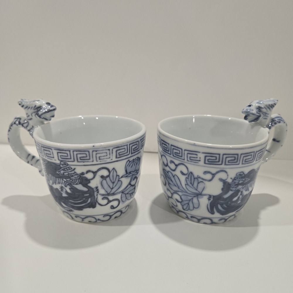 Pair of Vintage Blue & White Porcelain Teacups – Dragon Handle, Asian-Inspired